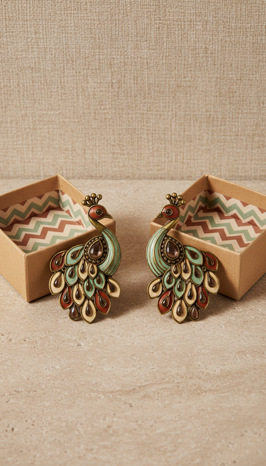 Statement peacock motif earrings