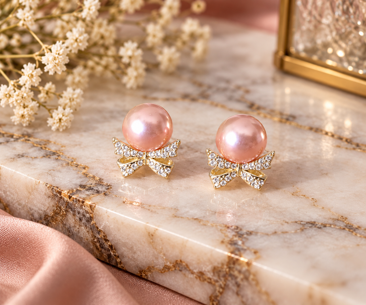 Rosé Ribbon Pearl Stud Earrings