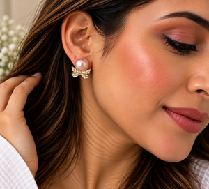 Rosé Ribbon Pearl Stud Earrings